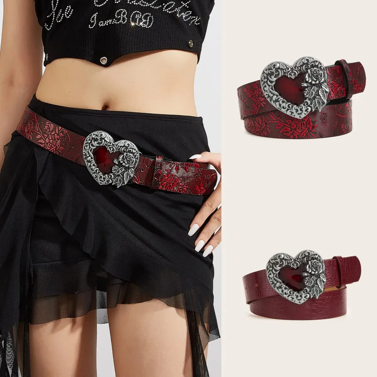 Wine Red Heart Carved Belt – Romantic & Chic Accessory