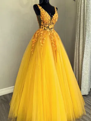 Yellow Tulle With Lace Applique Long Party Dress A-Line Yellow Formal Dress