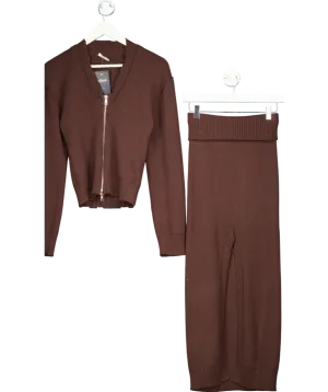 YUZEFI Brown Knot Long Sleeve Cardigan And Maxi Skirt 2-piece Set UK S/M